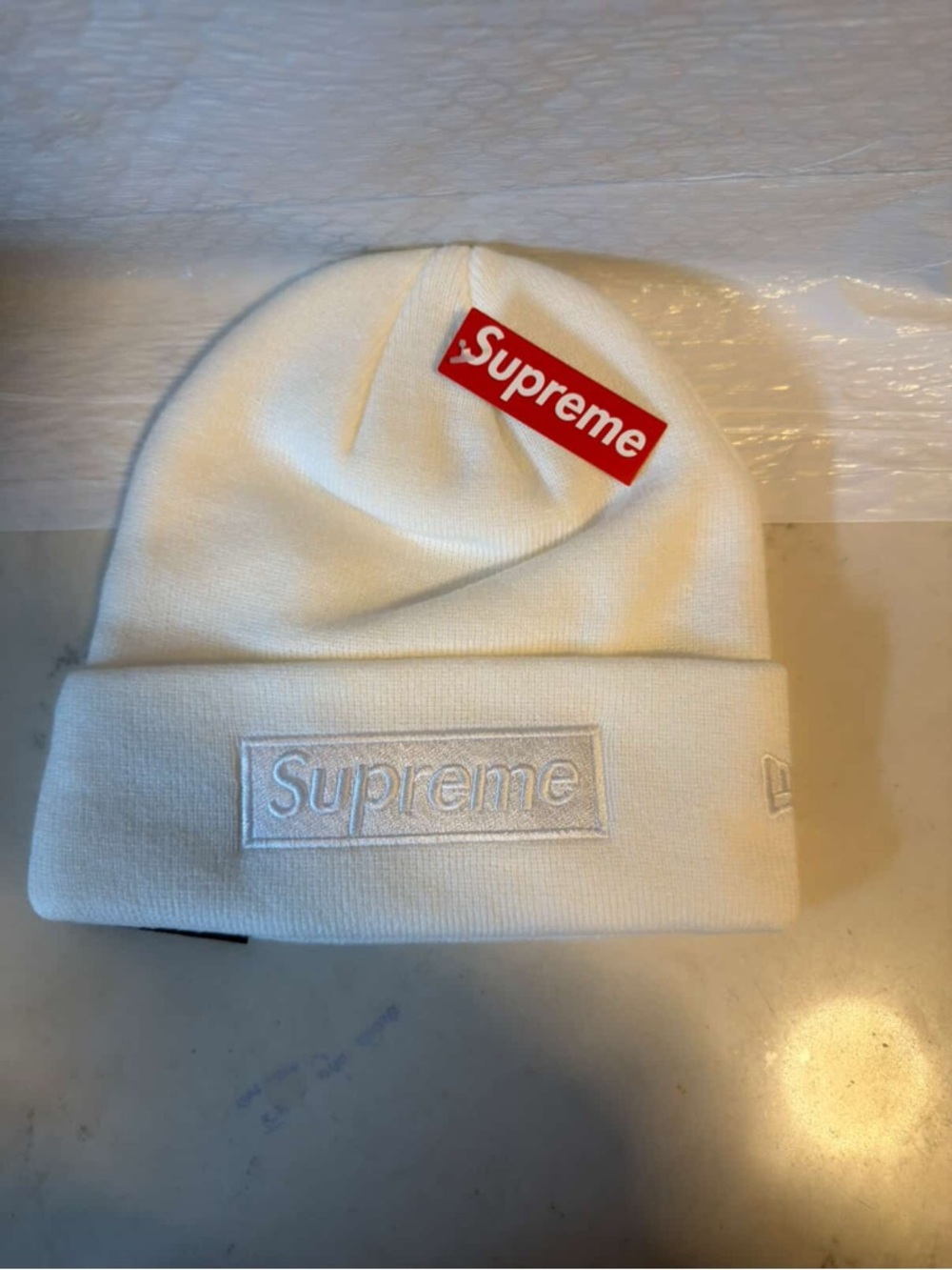 Supreme White Box Logo Beanie with Red Tag